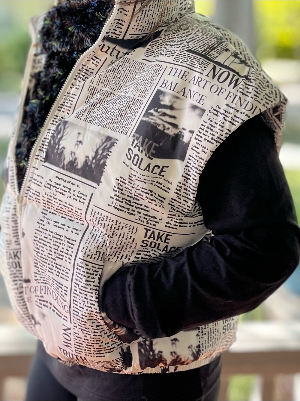 B&W Newspaper-Print Boxy Wide Puffer Vest